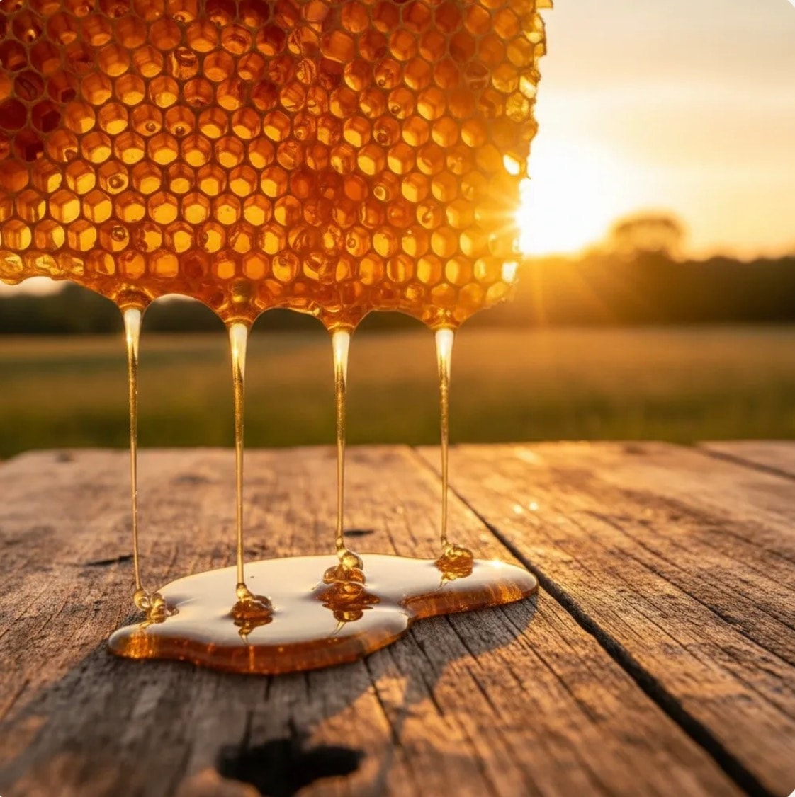 Raw honeycomb dripping with golden honey — all natural, always