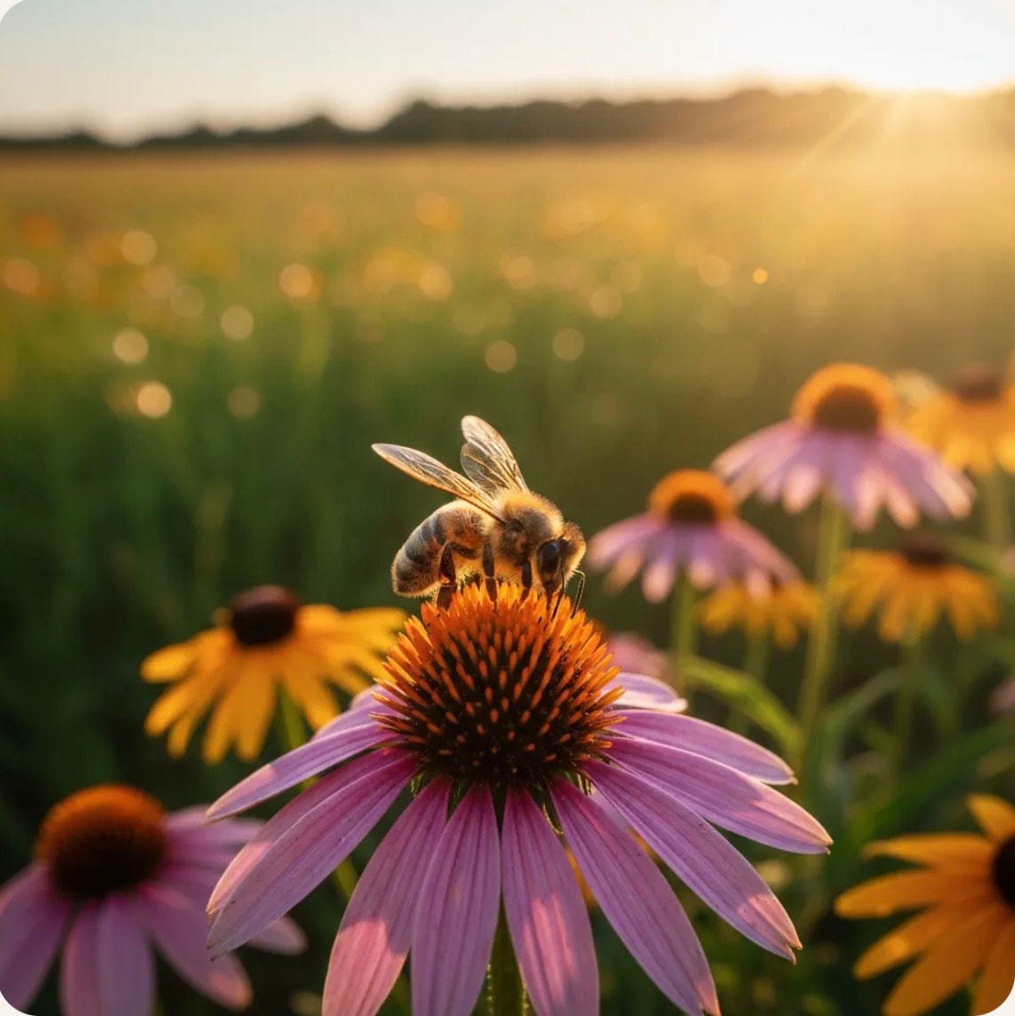 Honeybee on wildflowers in golden sunlight — shine your light