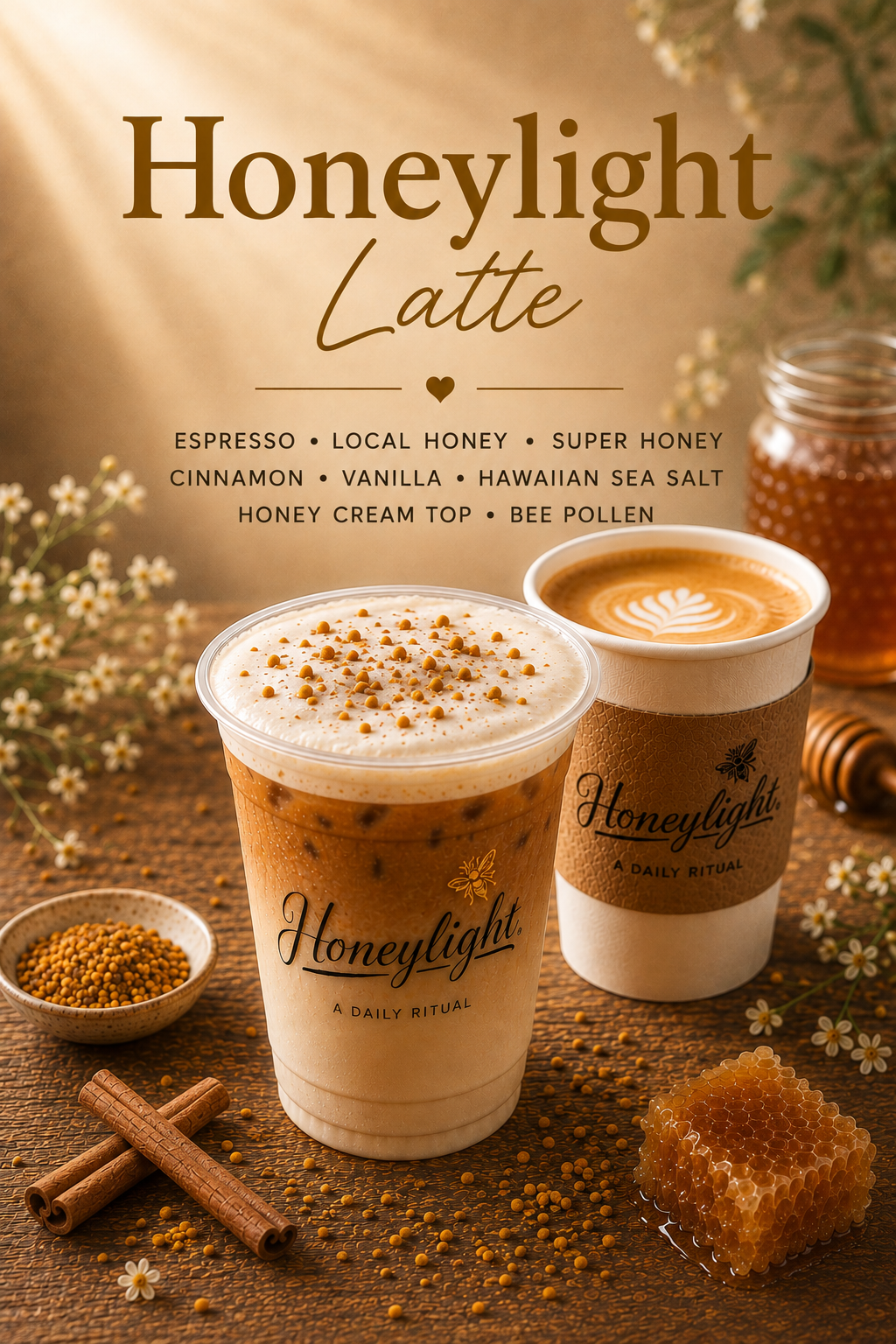 Honeylight Latte with honey cream top and bee pollen