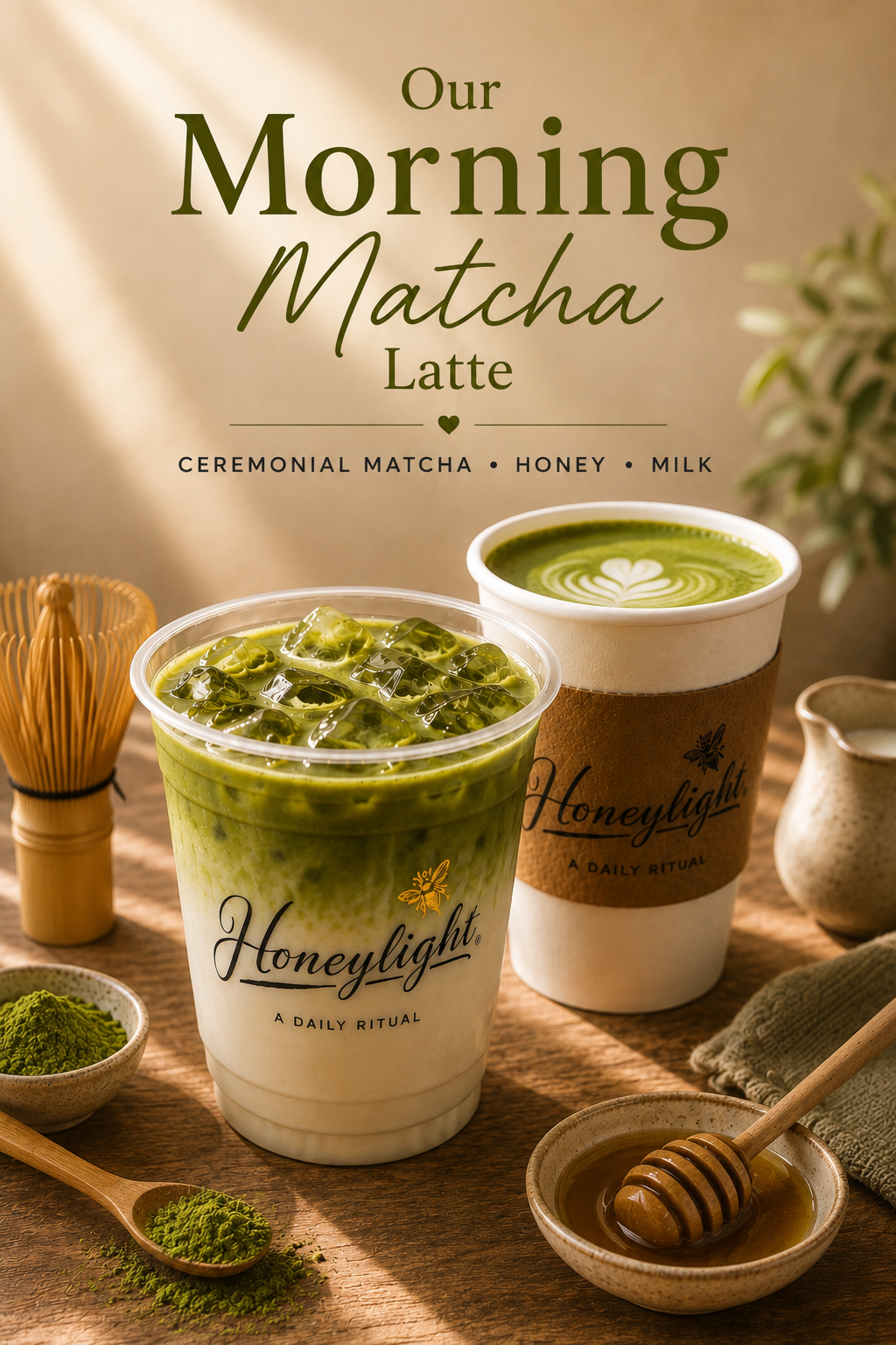 Morning Matcha Latte with ceremonial matcha, honey, and milk