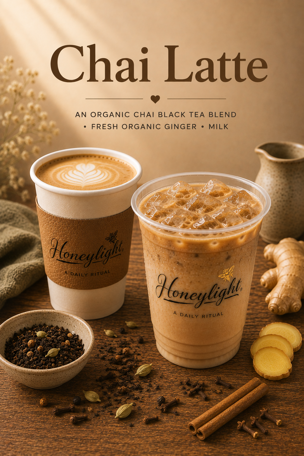 Chai Latte with organic chai black tea blend, fresh organic ginger, and milk