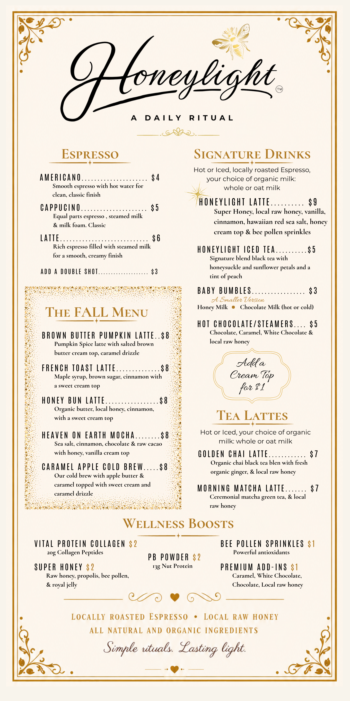Honeylight full menu featuring espresso drinks, signature lattes, refreshing beverages, tea lattes, baby bumble kids drinks, and wellness infusions with pricing.