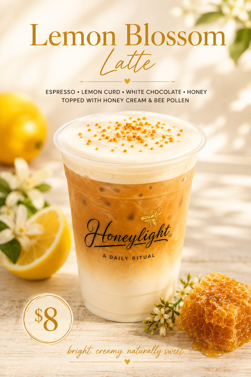 Lemon Blossom Latte with espresso, lemon curd, white chocolate, honey, and bee pollen